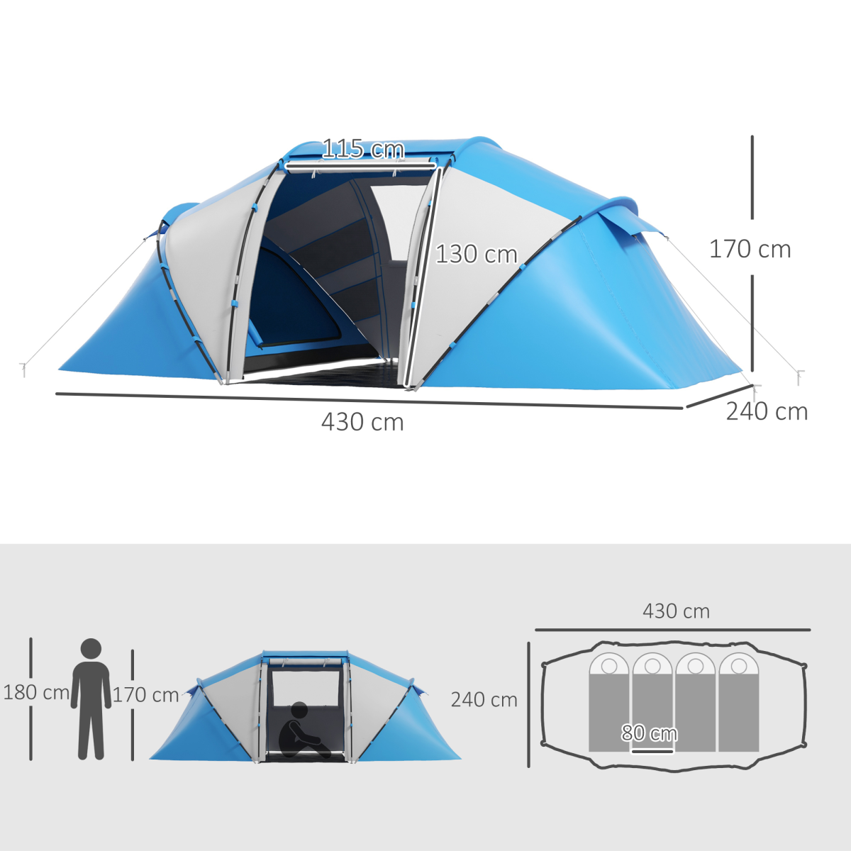 4-6 Person Tunnel Camping Tent with 2 Bedrooms and Living Area