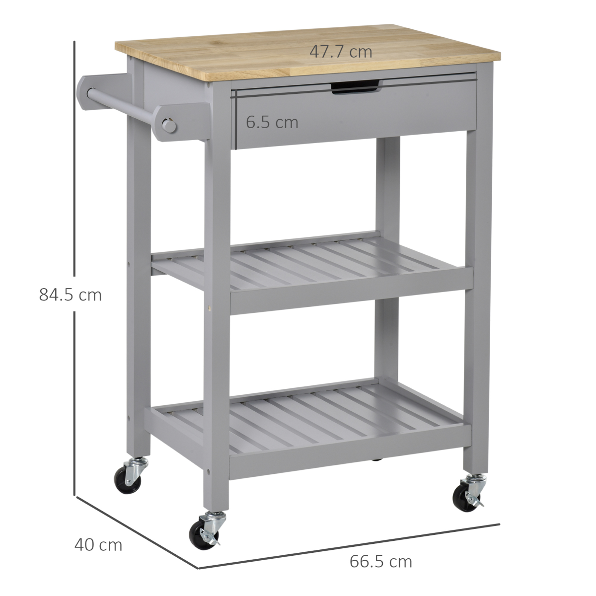 HOMCOM Kitchen Trolley Utility Cart on Wheels with Rubberwood Worktop, Drawer, 2 Shelves and Towel Rack
