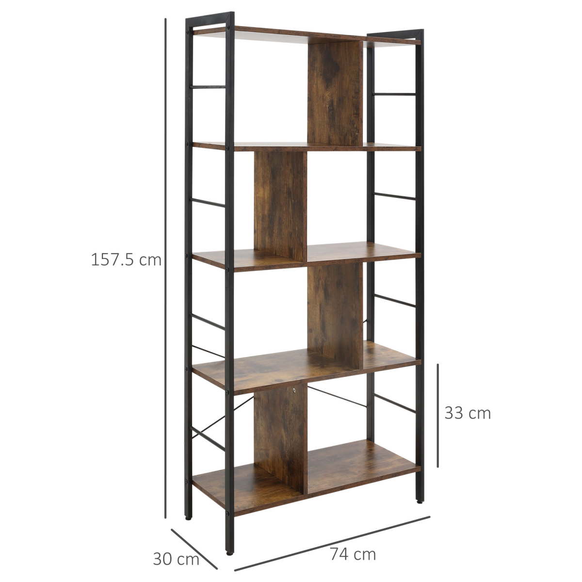 Industrial 5-Tier Storage Shelf Bookcase with Metal Frame, Floor Standing Display Rack, Brown and Black