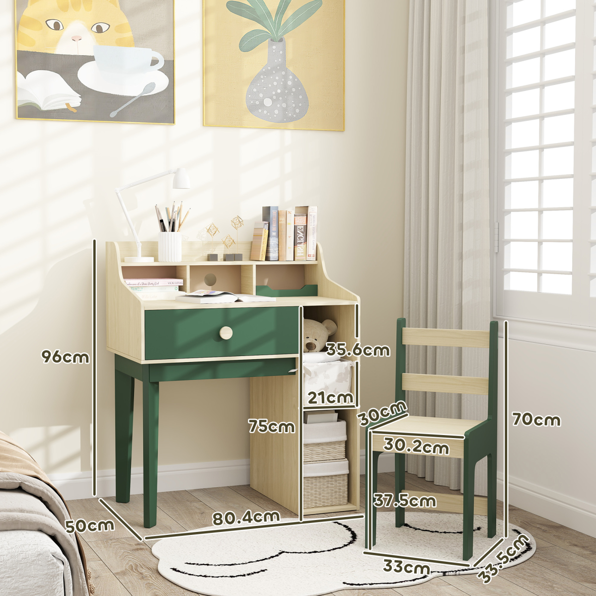 AIYAPLAY Kids Desk and Chair Set with Storage Shelf and Drawer, Green