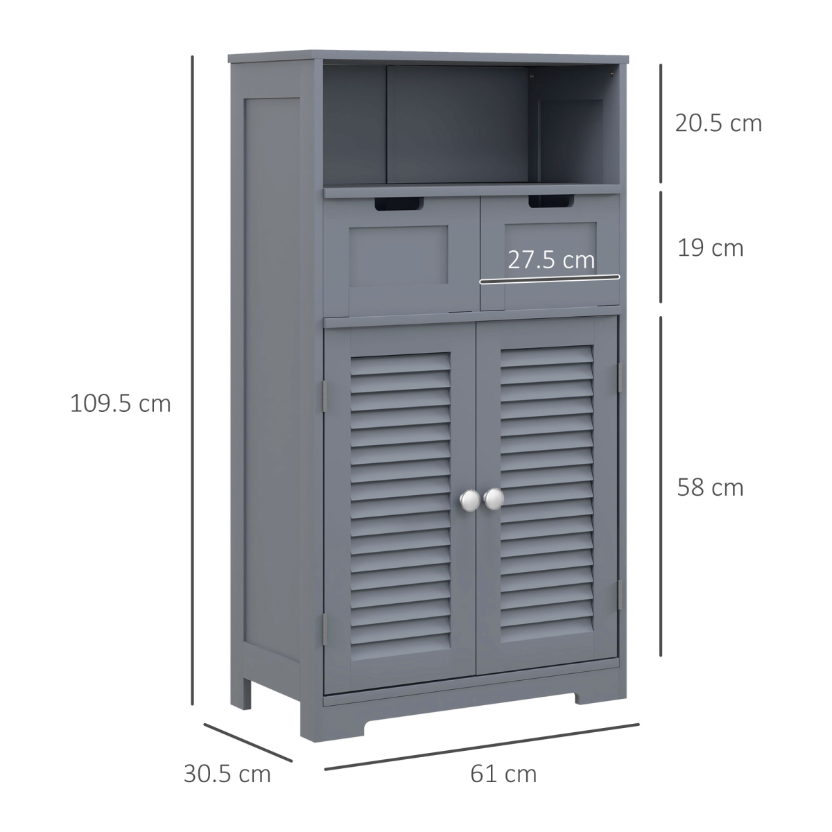 kleankin Grey Bathroom Storage Cabinet with Louvred Doors and Drawers