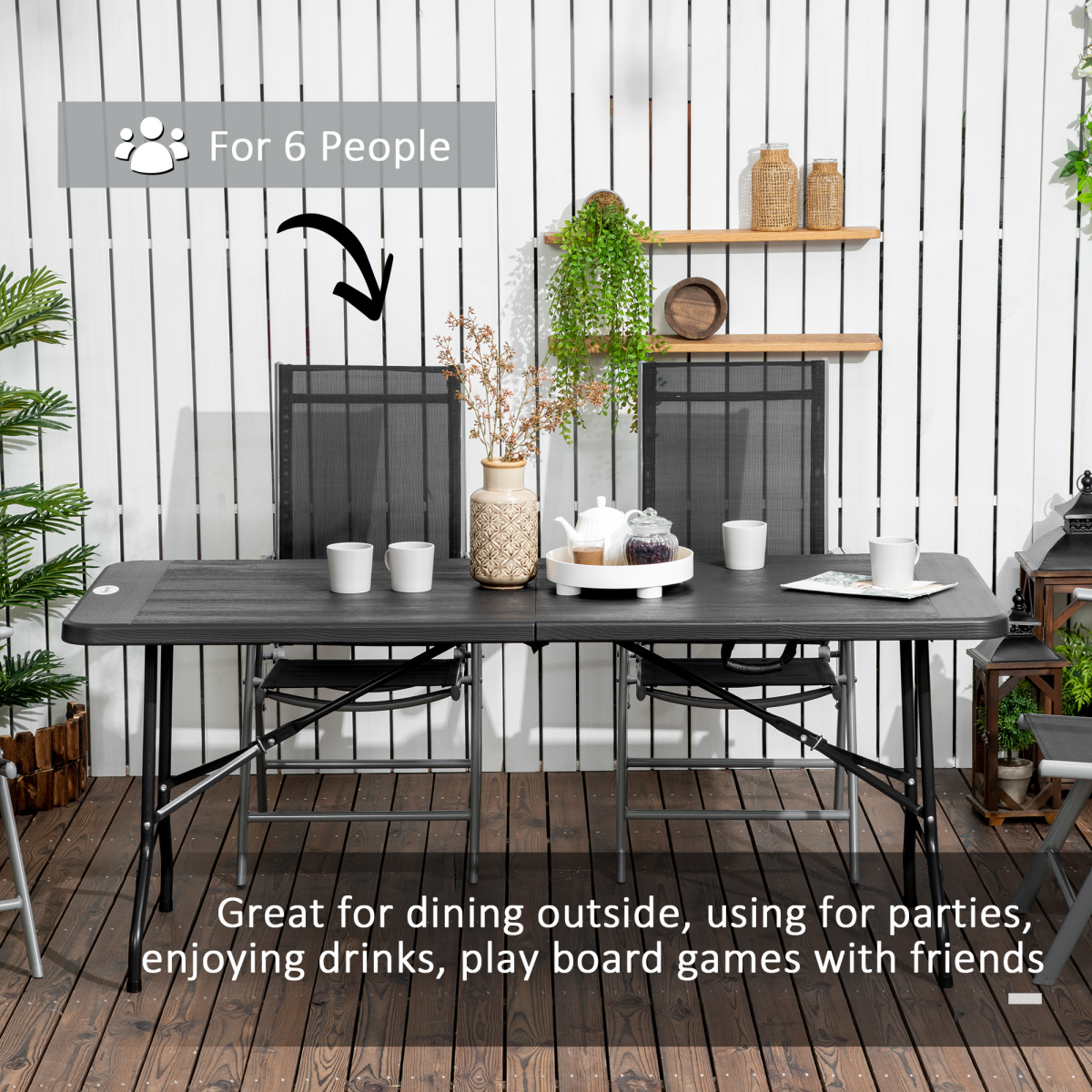 Outsunny Outdoor Folding Dining Table for 6, Wood-Like HDPE Top, Steel Frame