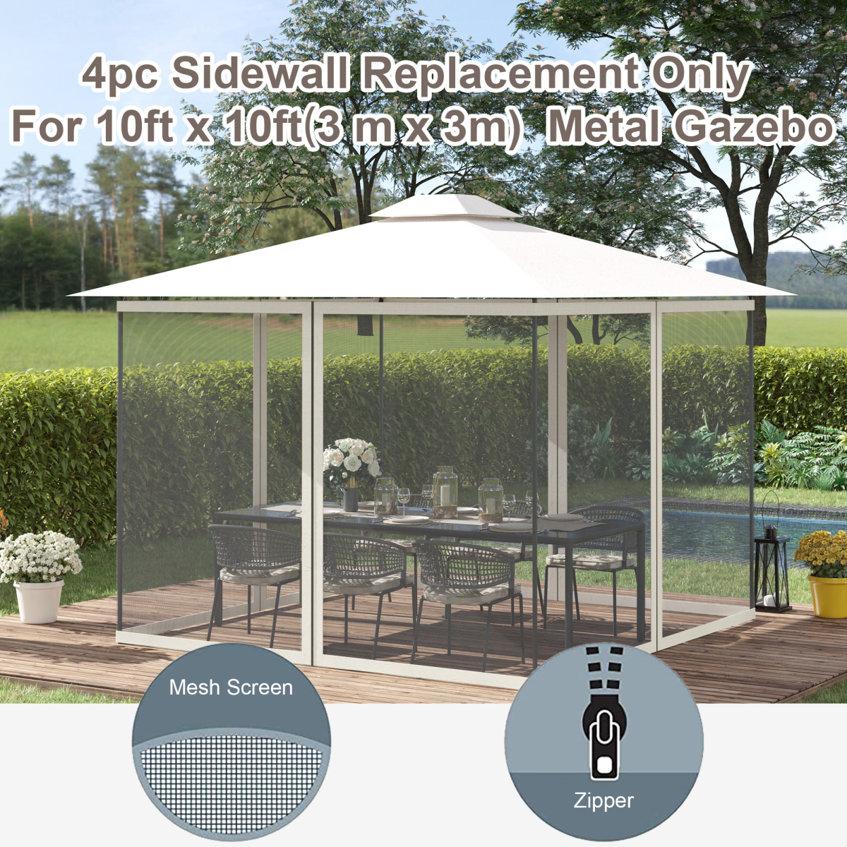 Outsunny Four-Panel Gazebo Replacement Screen with Zip Closure