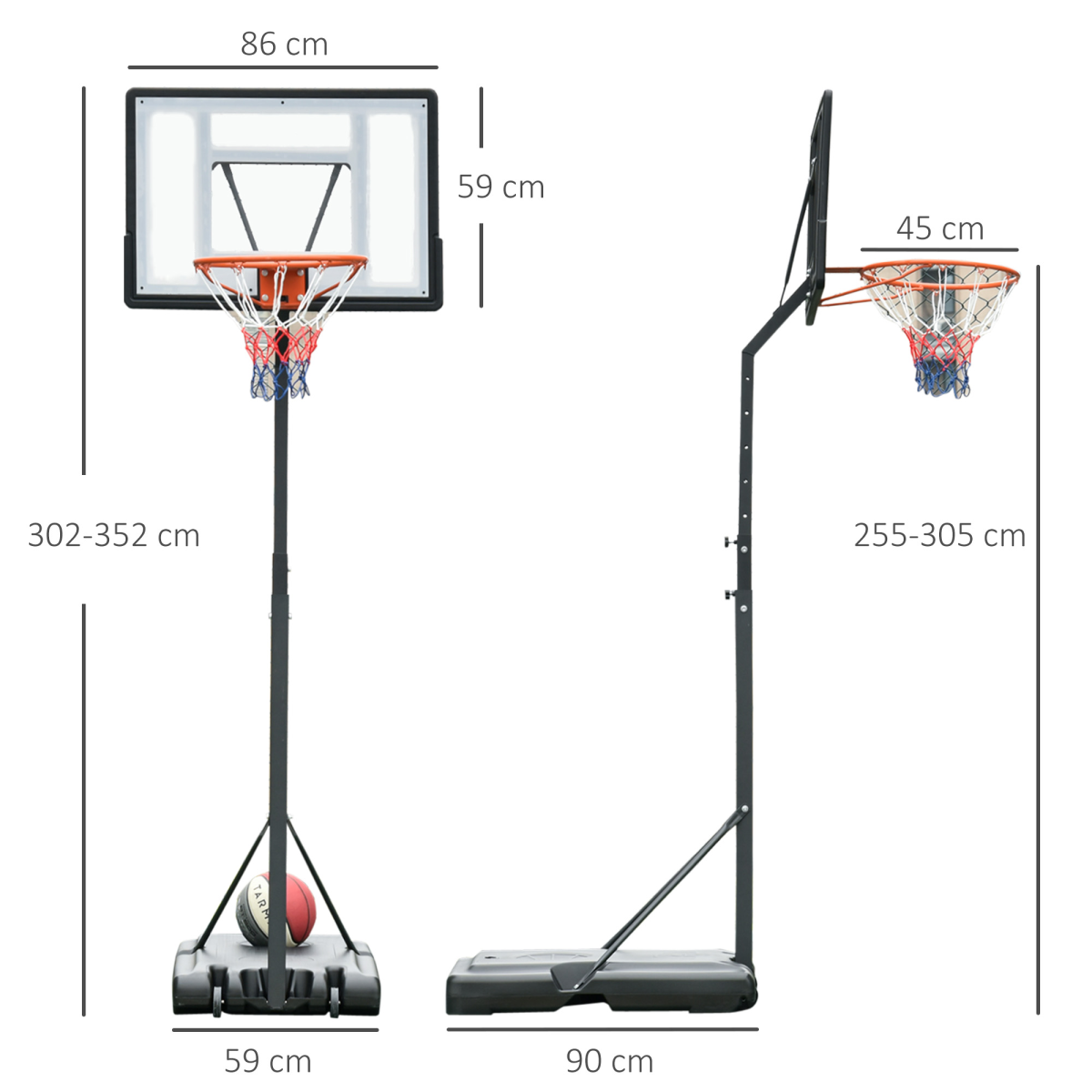 Freestanding Basketball Hoop, 255-305cm Adjustable, Wheels