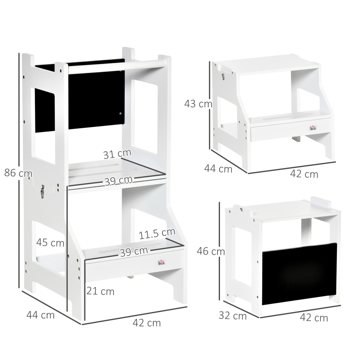HOMCOM 2-in-1 Kids Learning Tower Step Stool with Safety Rail