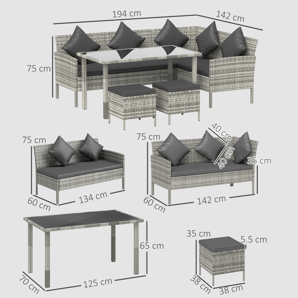 Outsunny 5-Piece Rattan Corner Dining Sofa Set, Dark Grey