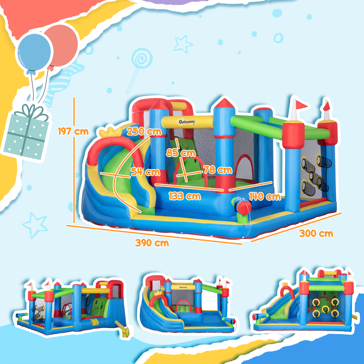 Outsunny Kids Inflatable Bouncy Castle 6-in-1 Water Slide with Trampoline, Climbing Wall, Throwing Wall, Water Gun and 450W Air Blower