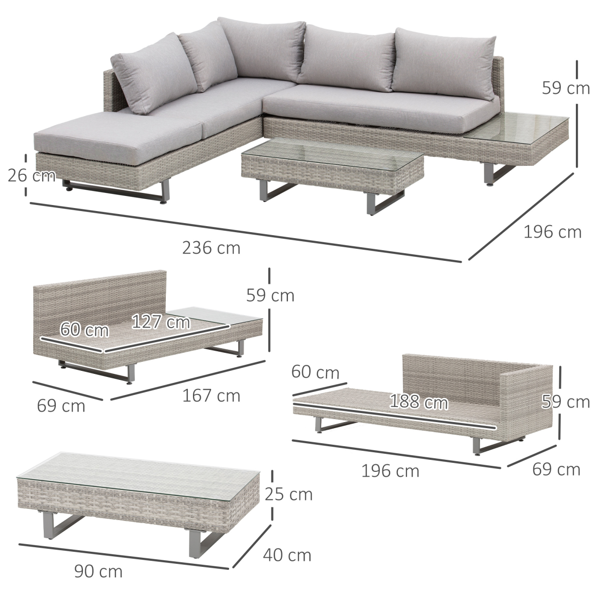 Outsunny 3 Piece Grey Rattan Wicker Patio Sofa Set with Cushions