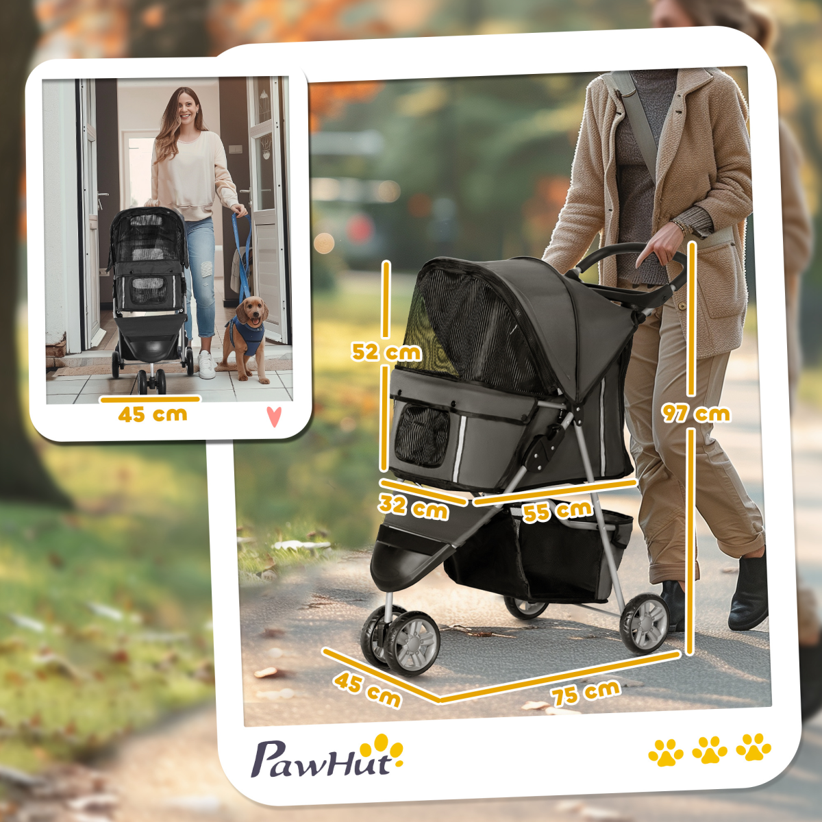 PawHut 3-Wheel Pet Stroller for Cats & Small Dogs, Charcoal Grey