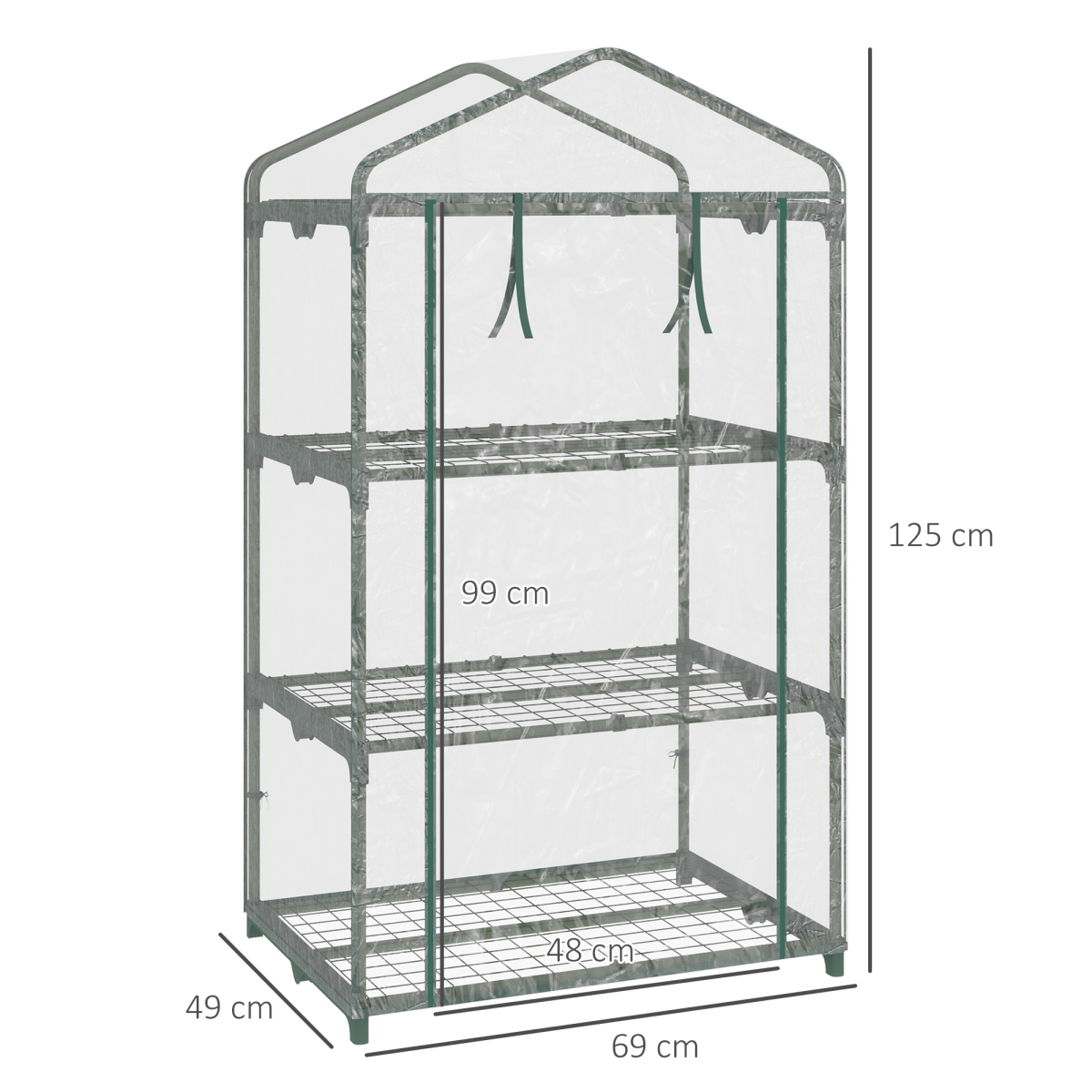 Outsunny 3-Tier Mini Greenhouse with Roll-Up Door, 69x49x125cm, Clear
