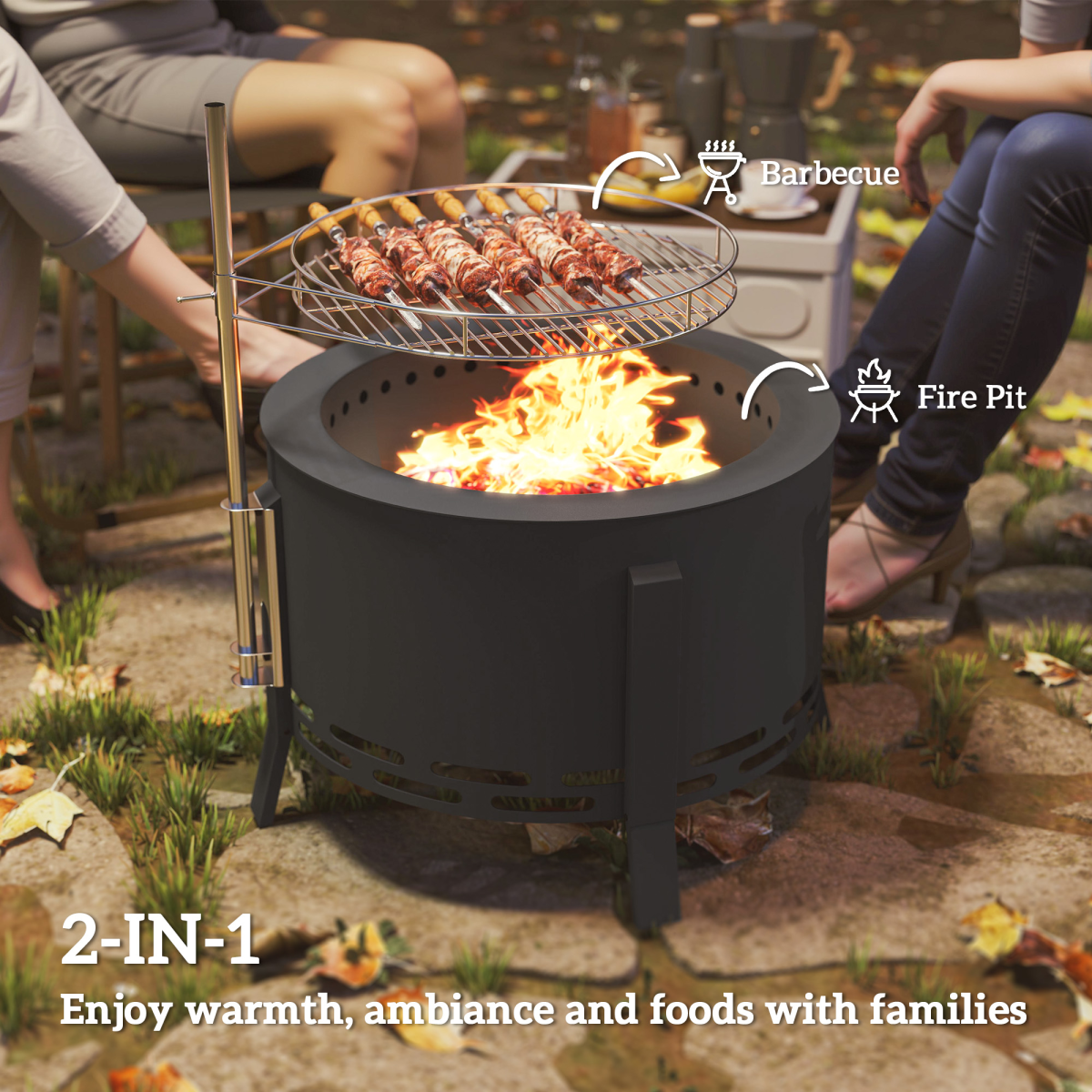 Outsunny 58cm Portable Round Fire Pit with Grill Grate, Black