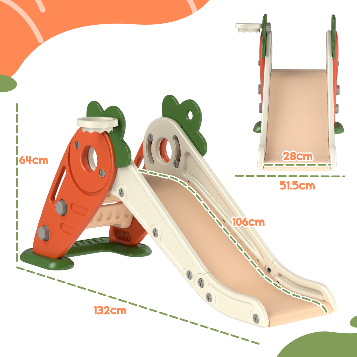AIYAPLAY 3-in-1 Carrot Kids Indoor Slide with Basketball Hoop, Foldable