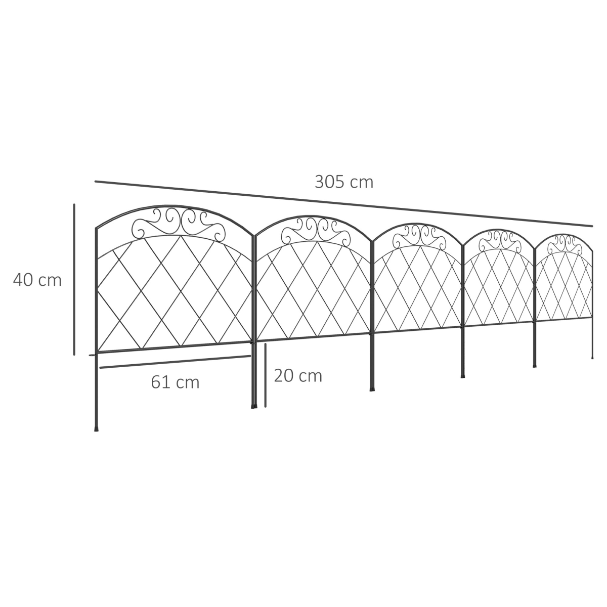 Outsunny Outdoor Metal Picket Fence Panels, Black, 61 x 305 cm