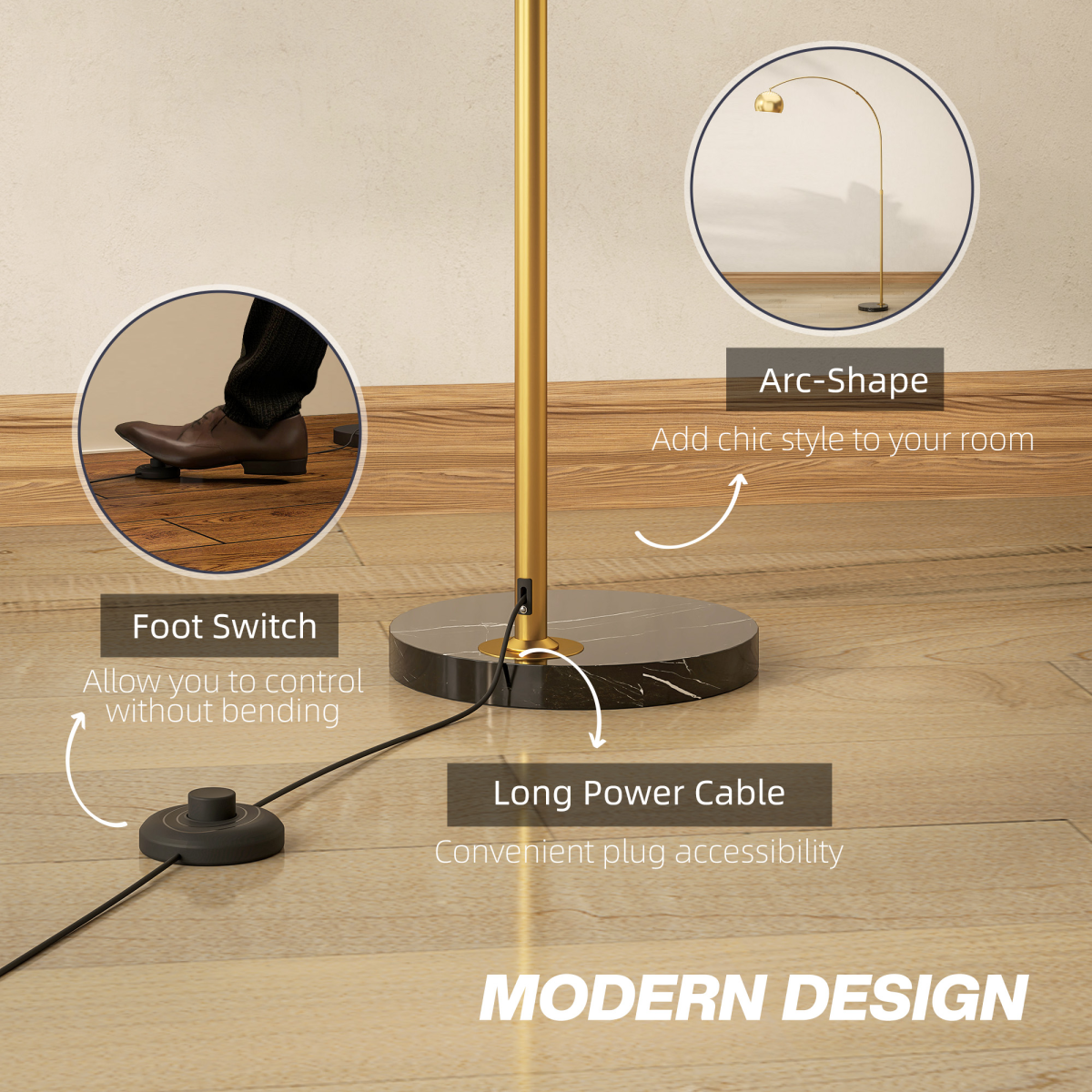HOMCOM Arched Floor Lamp with Footswitch, Black and Gold