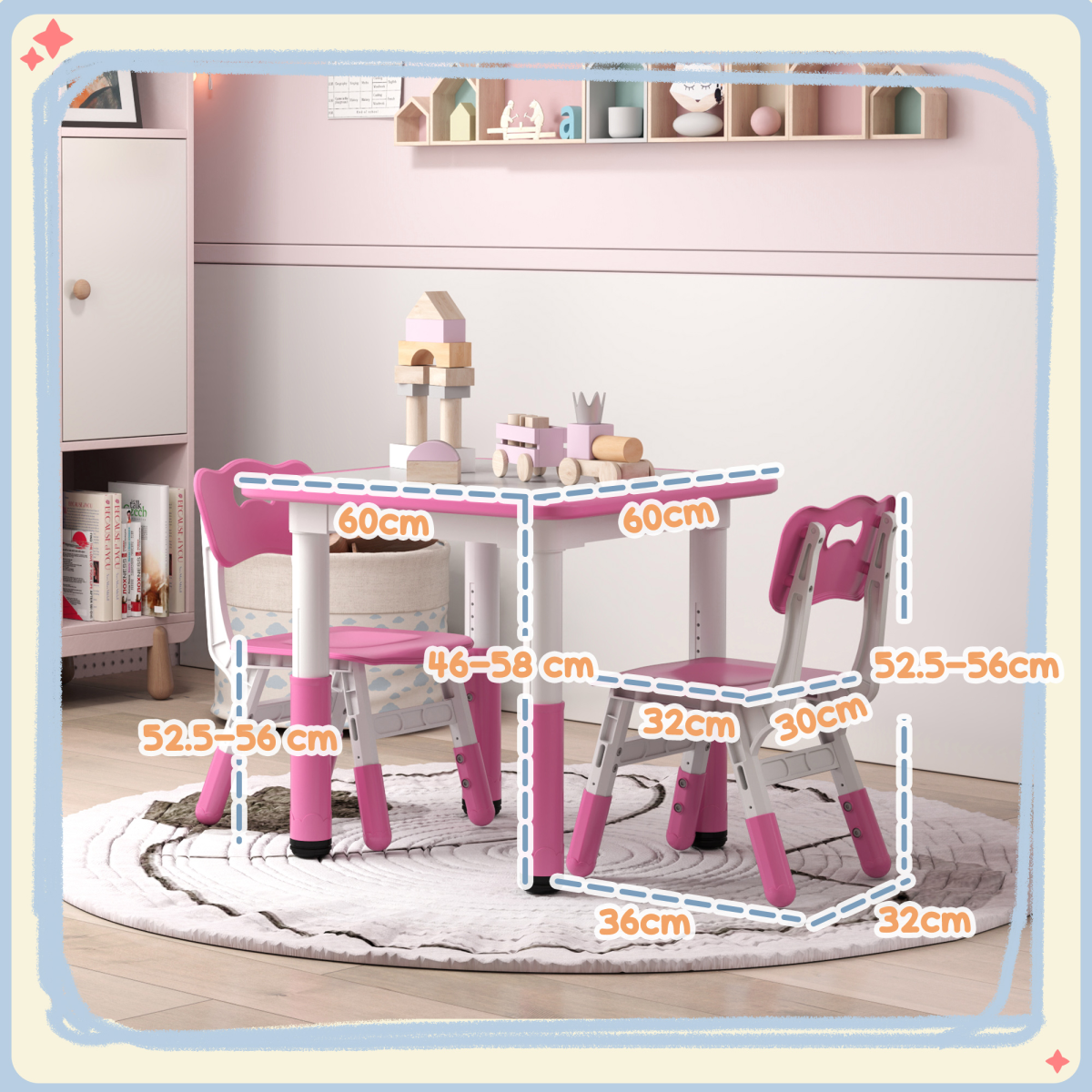 AIYAPLAY 3-Piece Adjustable Kids Table and Chair Set, Pink