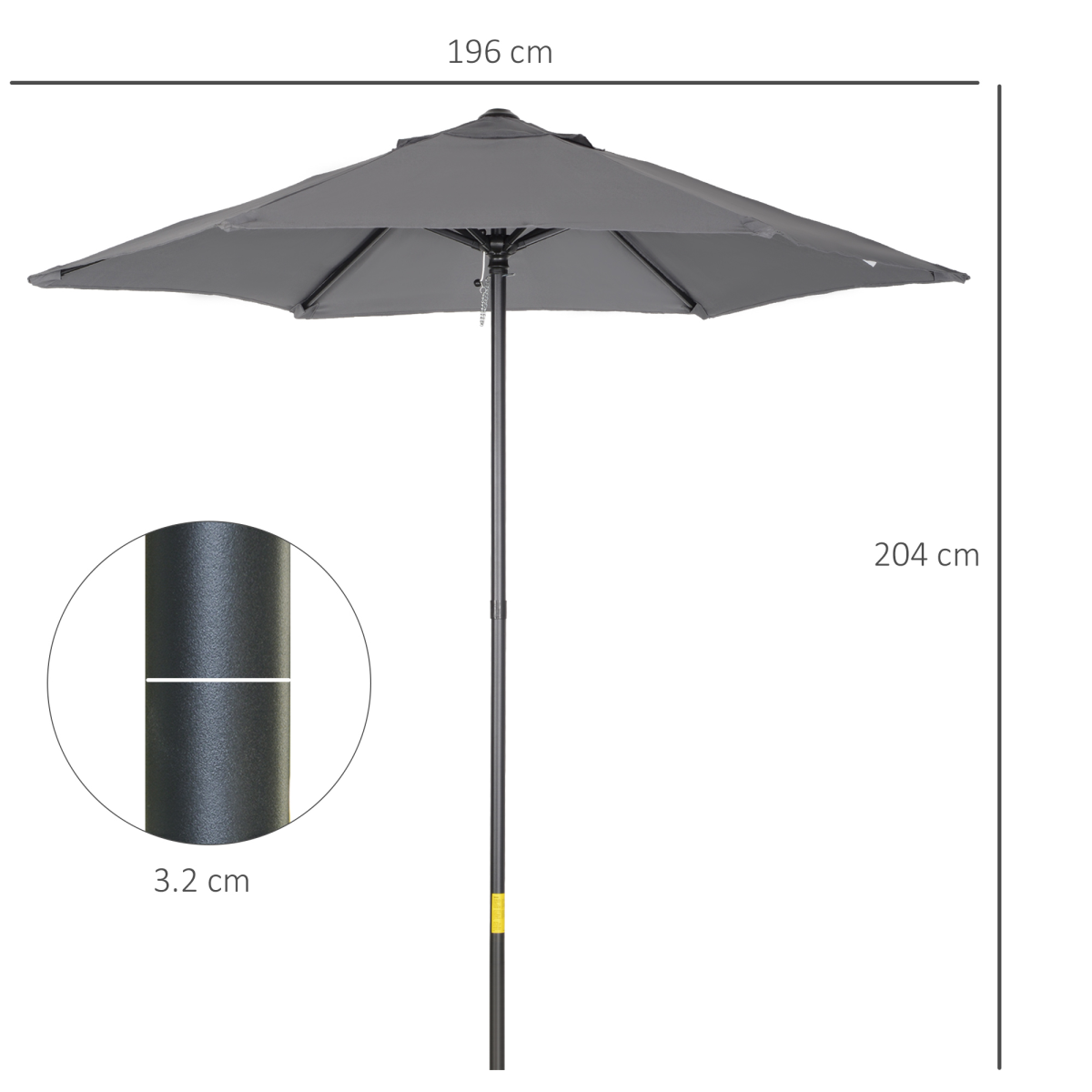 Outsunny 1.96m Dark Grey Outdoor Parasol Patio Umbrella with Aluminium Frame and 6 Steel Ribs