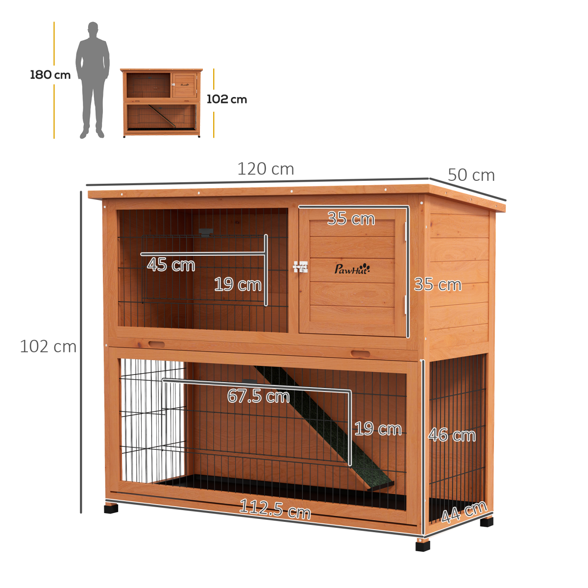 PawHut Wooden Outdoor Rabbit Hutch for 1-2 Rabbits, Antiseptic Fir Wood, Steel Wire, Orange