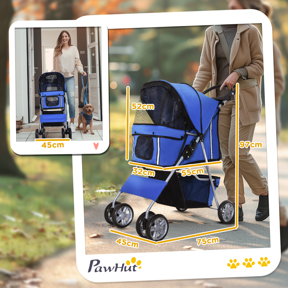 PawHut Foldable Pet Stroller for Small Dogs, 4-Wheel Jogger Pushchair with Brake, Mesh Windows, Storage Compartment and Cup Holder