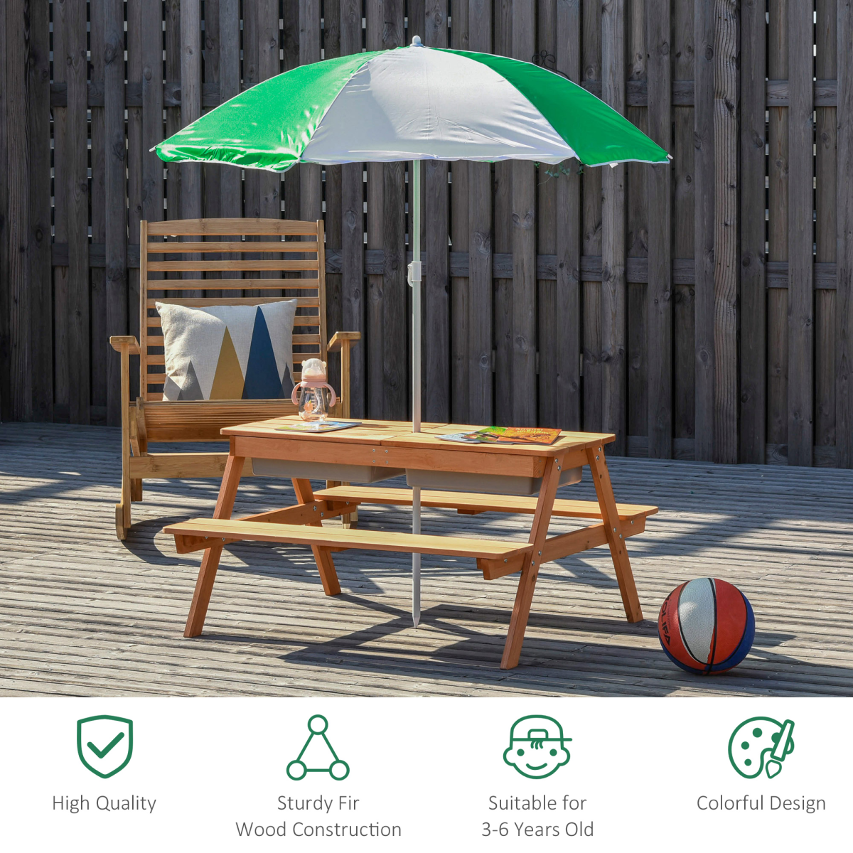 Outsunny Wooden Kids Picnic Table with Benches, Sand and Water Table, Brown