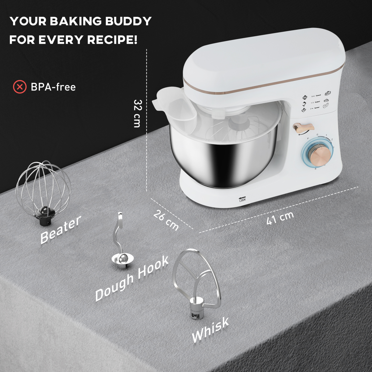 HOMCOM 5L 1400W Electric Stand Mixer with Whisk & Dough Hook, White