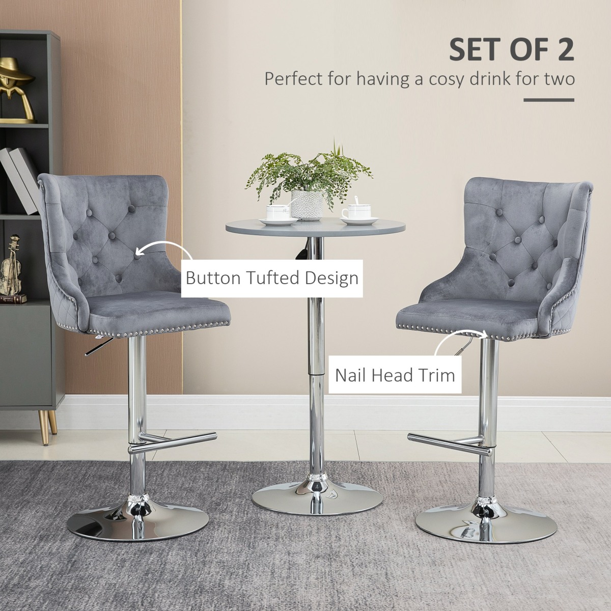HOMCOM Set of 2 Adjustable Swivel Bar Stools with Backrest, Grey