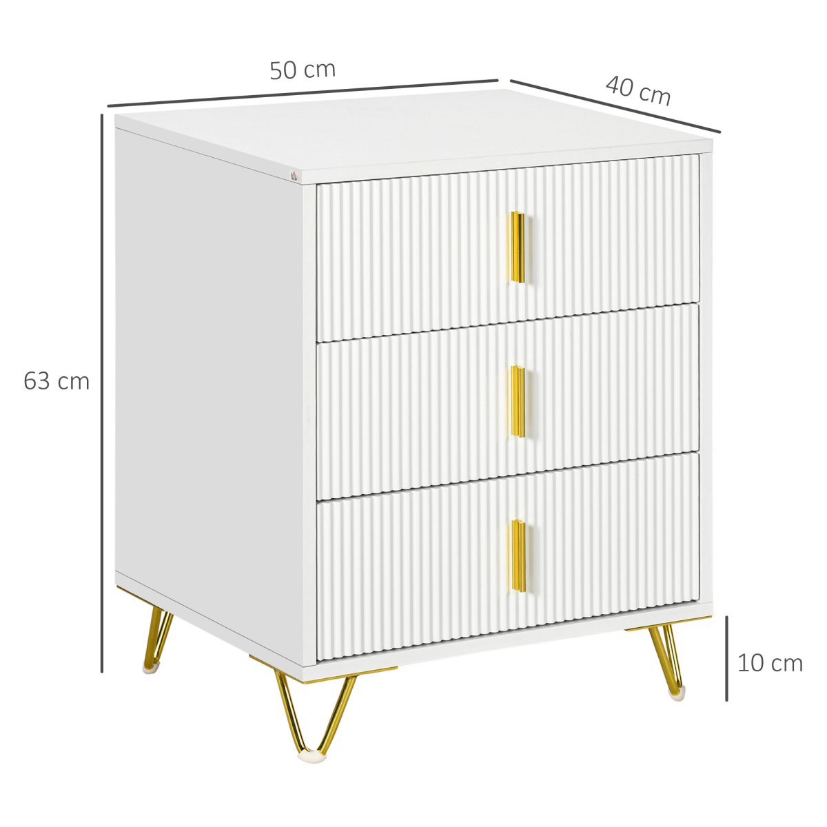 HOMCOM 3-Drawer White Chest of Drawers with Gold Accents