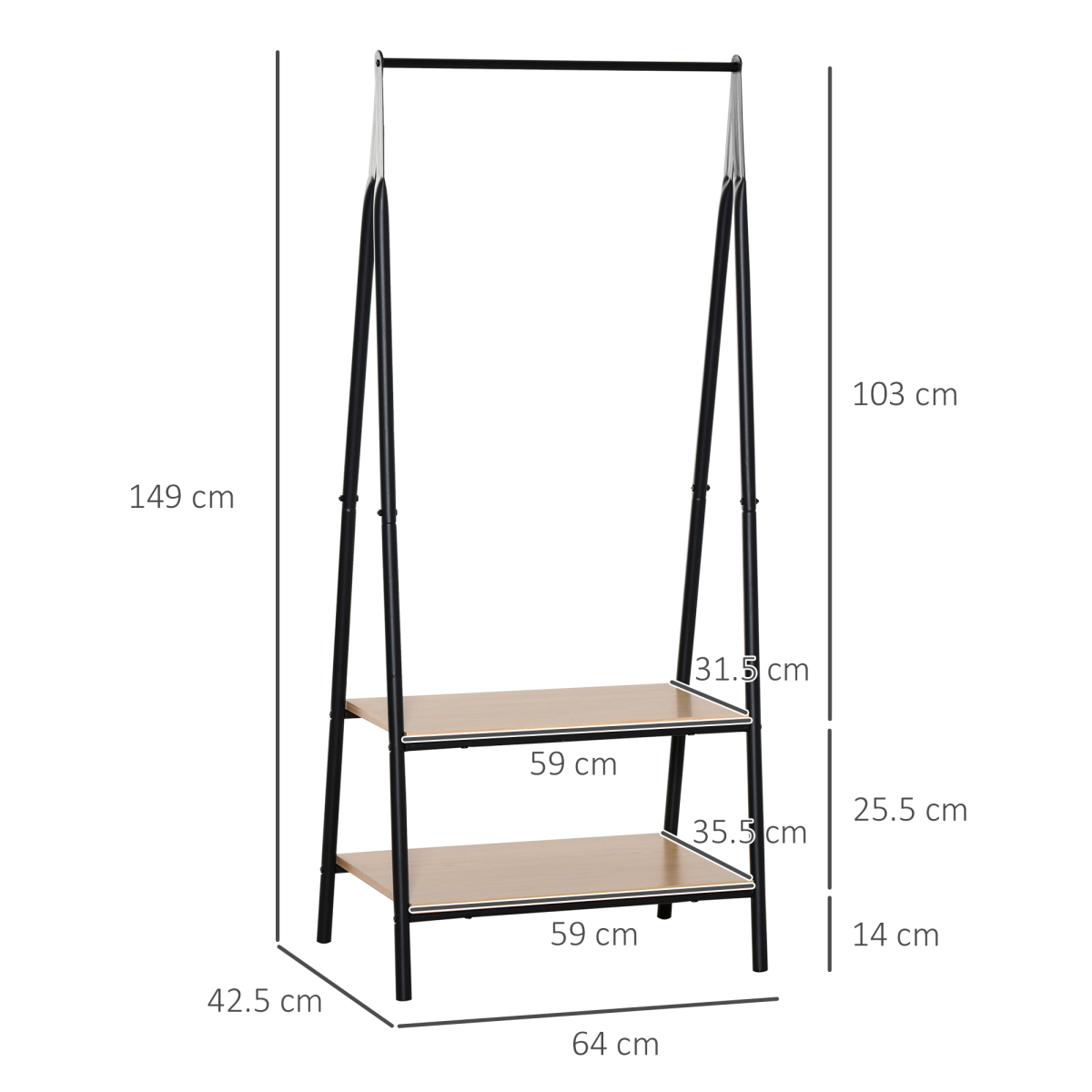 HOMCOM 2-Tier Garment Rack with 2 MDF Bottom Shelves, 149 cm H, Black/Wood Grain