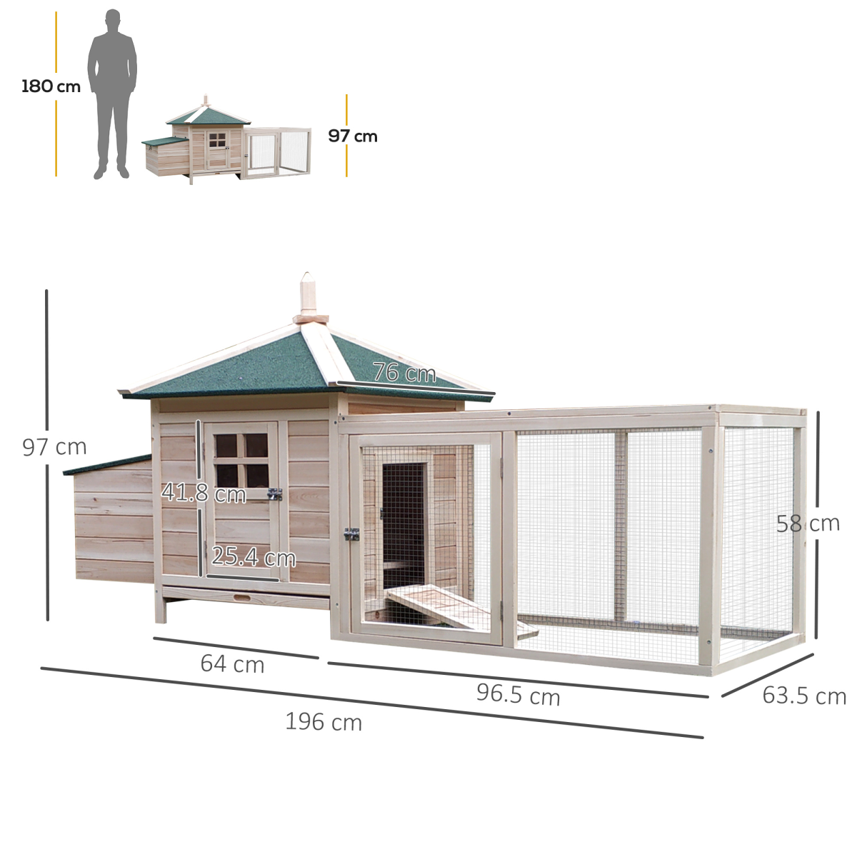 PawHut Wooden Chicken Coop with Nesting Box and Outdoor Run, Weather-Resistant Roof, Slide-Out Tray