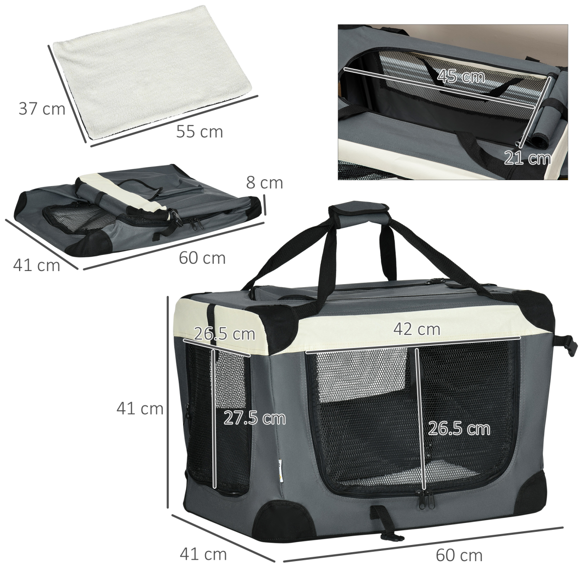60cm Foldable Pet Carrier with Cushion for Mini Dogs and Cats, Grey