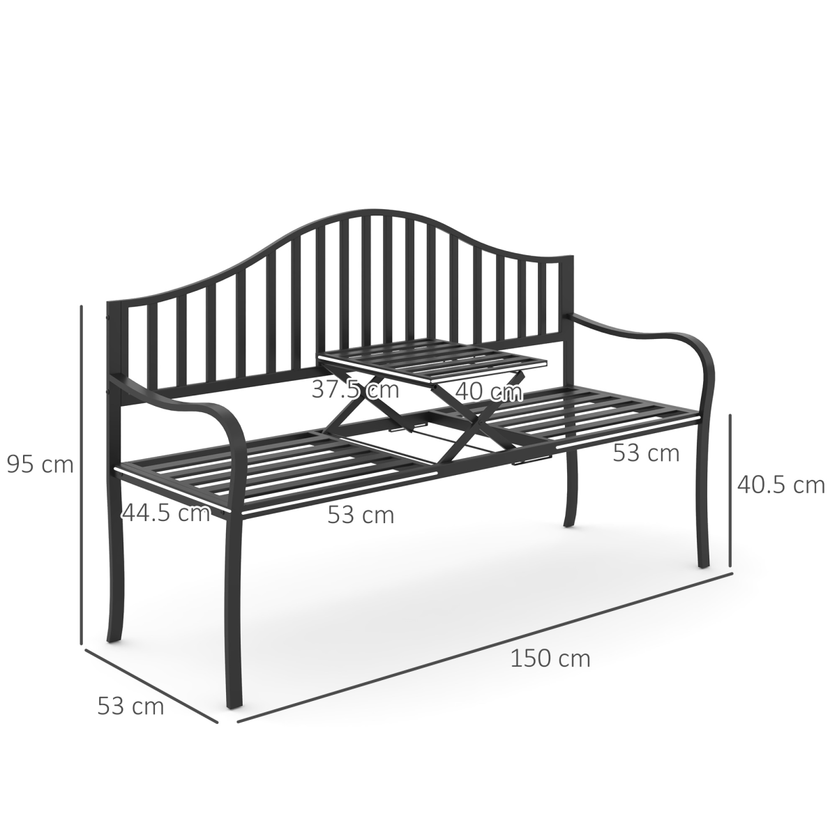 Outsunny Outdoor 2 Seater Metal Bench with Lift-Up Middle Table, Patio Garden Seating Chair