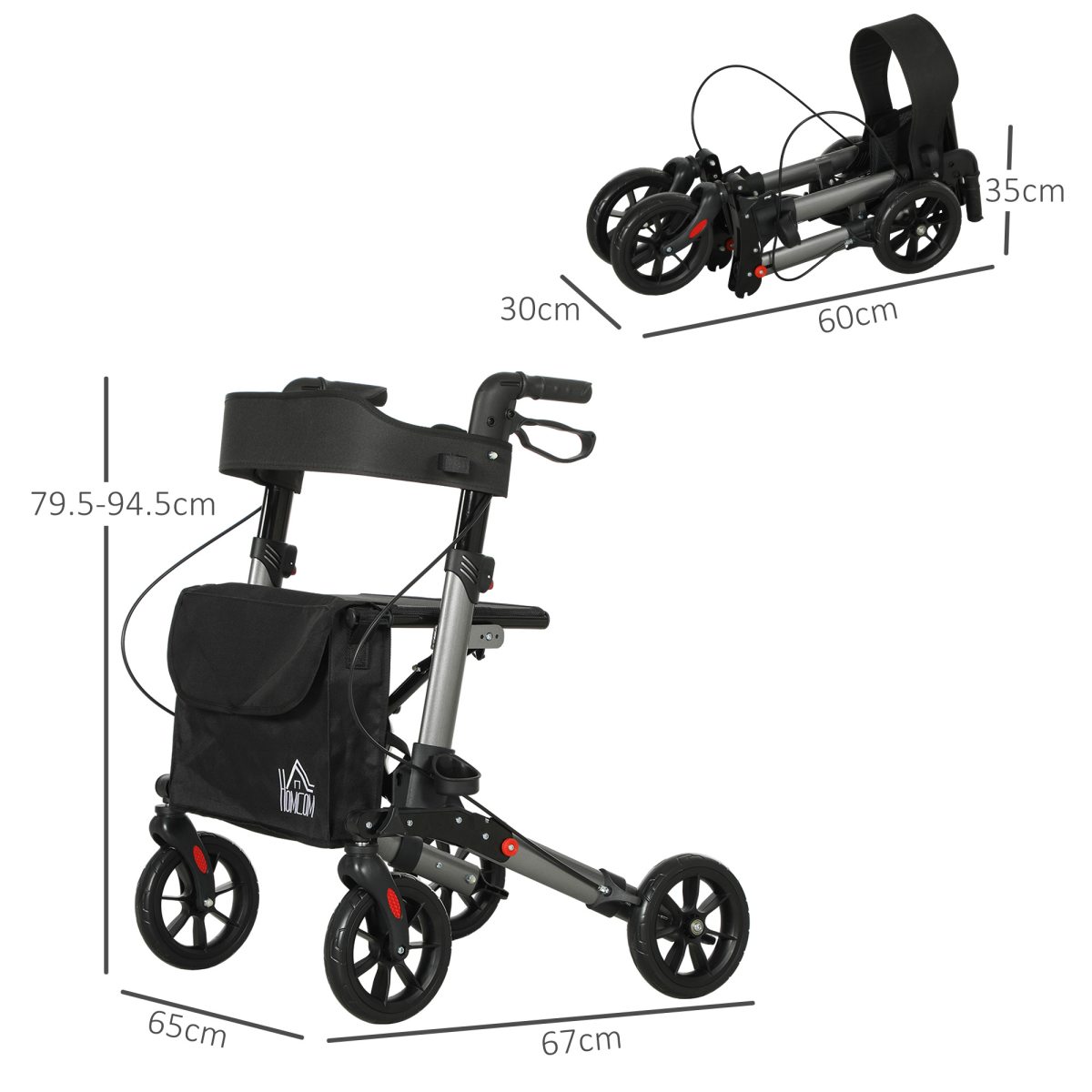 HOMCOM 4 Wheel Adjustable Rollator Walker with Seat, Brakes & Bag, Silver
