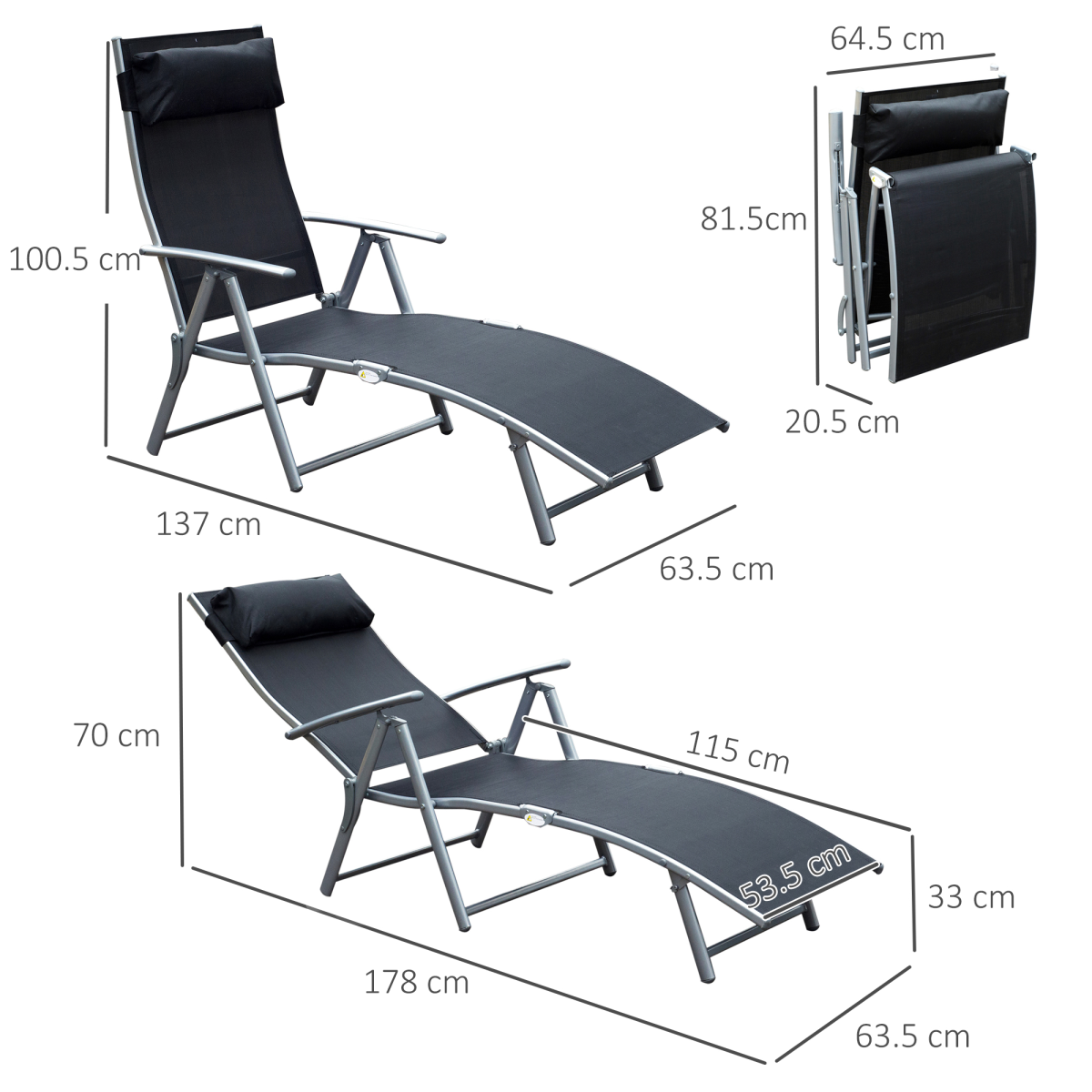 Outsunny Foldable Textilene Sun Lounger Recliner, 5-Level Adjustable Black