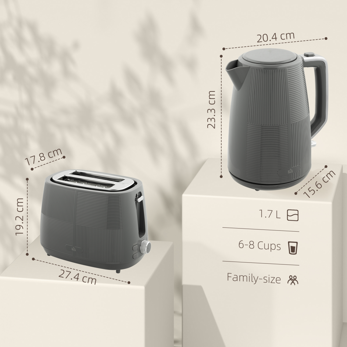 HOMCOM 1.7L Fast Boil Electric Kettle & 2-Slice Toaster Set, Grey