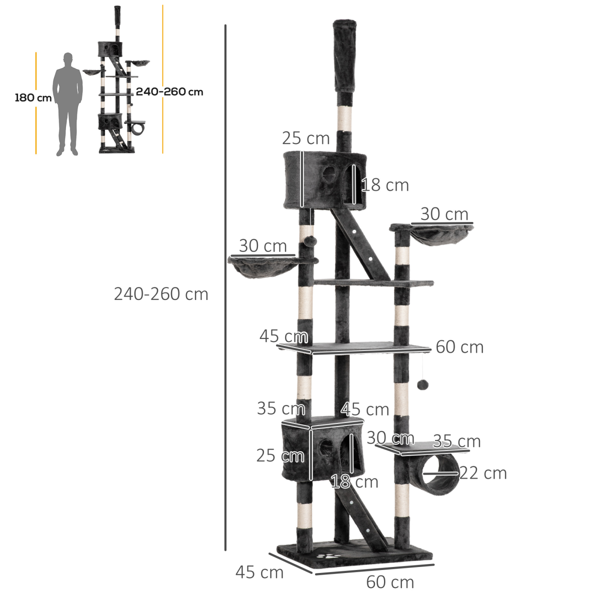 PawHut 240-260cm Floor to Ceiling Cat Tree with Scratching Posts, Cat Houses, Ramps, Hammocks and Tunnel - Dark Grey