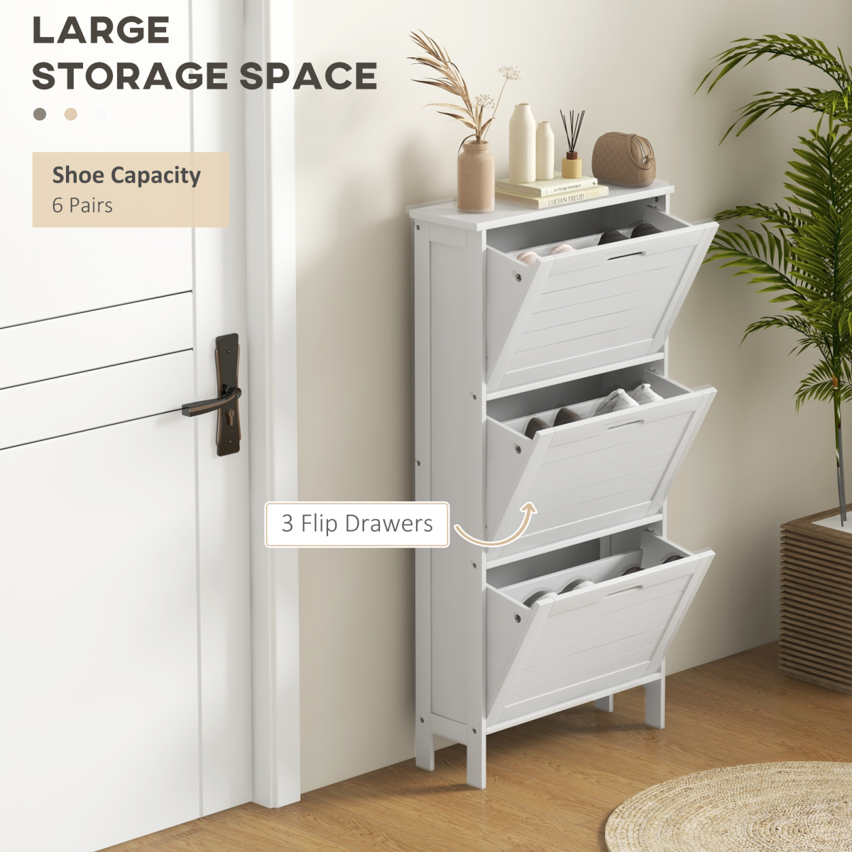 HOMCOM Narrow Shoe Storage Cabinet, 3 Flip Drawers, White