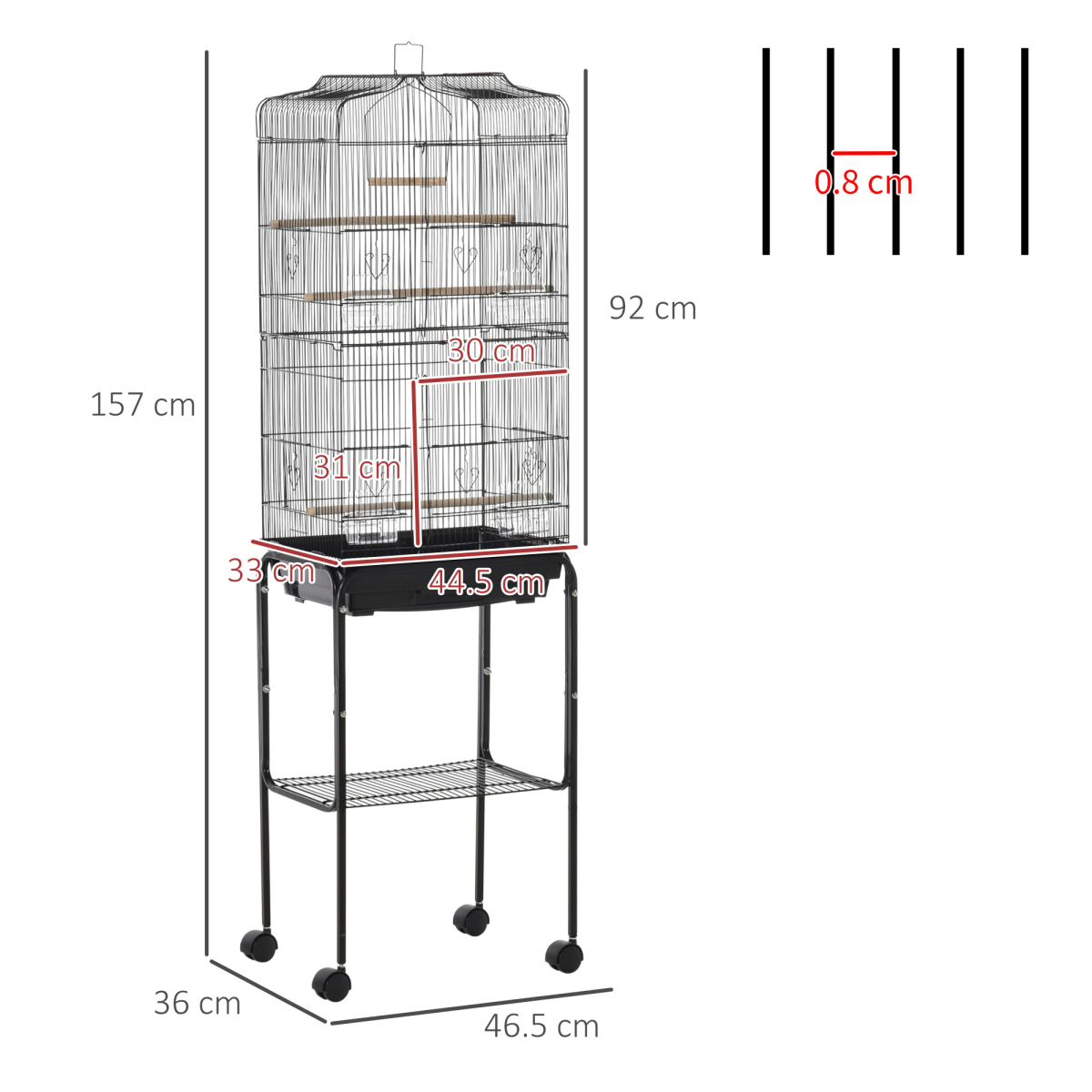 PawHut Metal Bird Cage with Rolling Stand, Slide-Out Tray and Storage Shelf, Black