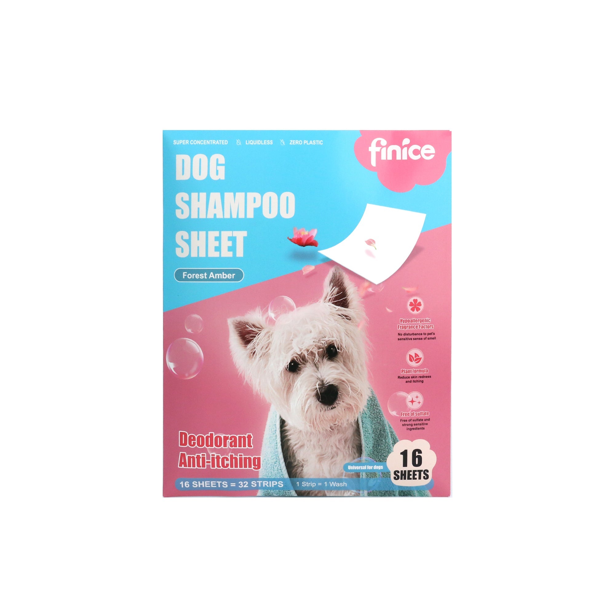 Finice Dog Shampoo Sheets – Plant-Based, Deodorising & Anti-Itch, Forest Amber, 32 Washes