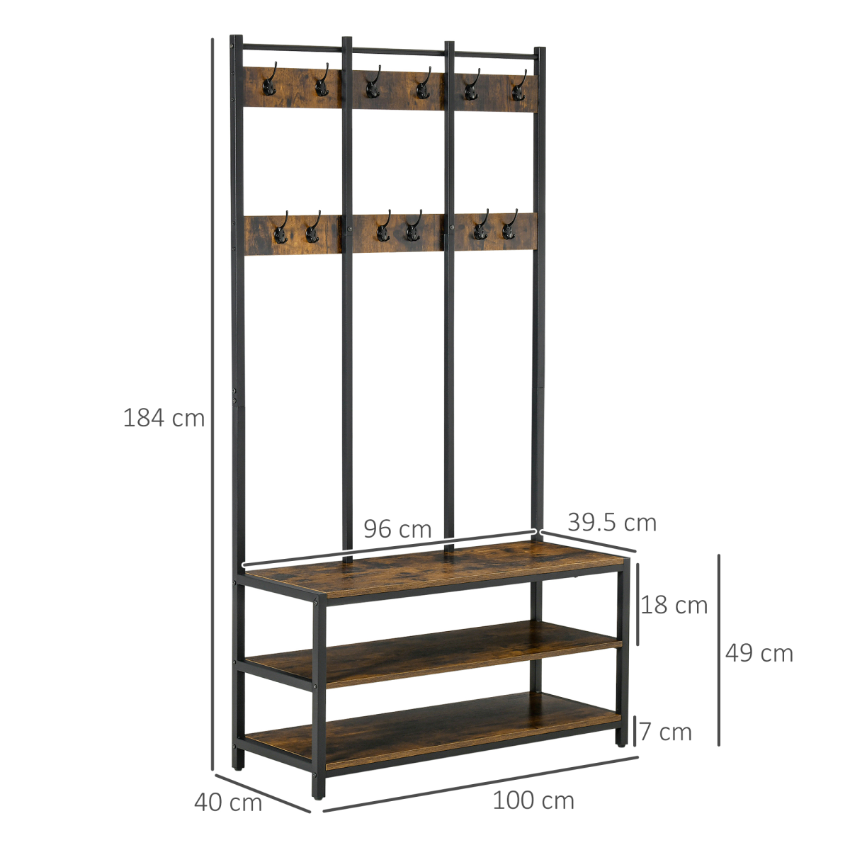 Entryway Hall Tree Coat Rack with Shoe Bench, 3-in-1 Metal Storage Rack with 12 Hooks and Shoe Shelf, Industrial Style