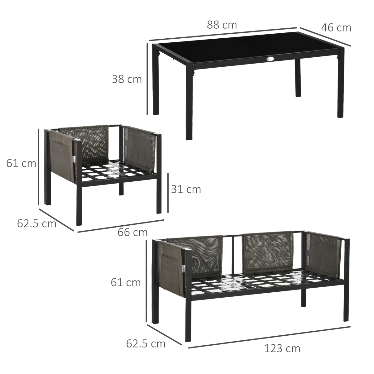 Outsunny 4-Piece Garden Sofa Set with Tempered Glass Coffee Table and Cushions