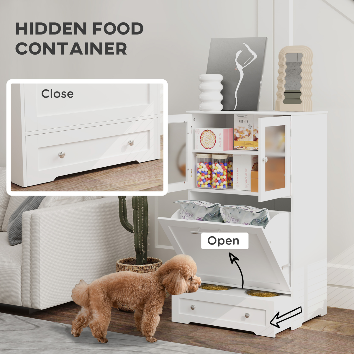 PawHut Dog Feeding Station with 2 Cabinets and 2 Elevated Bowls, White