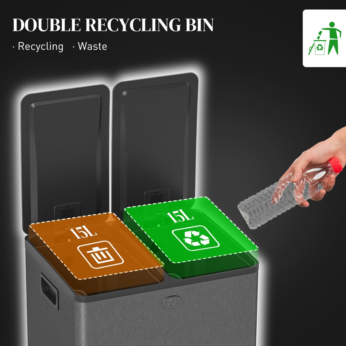 HOMCOM 2 x 15L Dual Kitchen Recycling Pedal Bin, Black