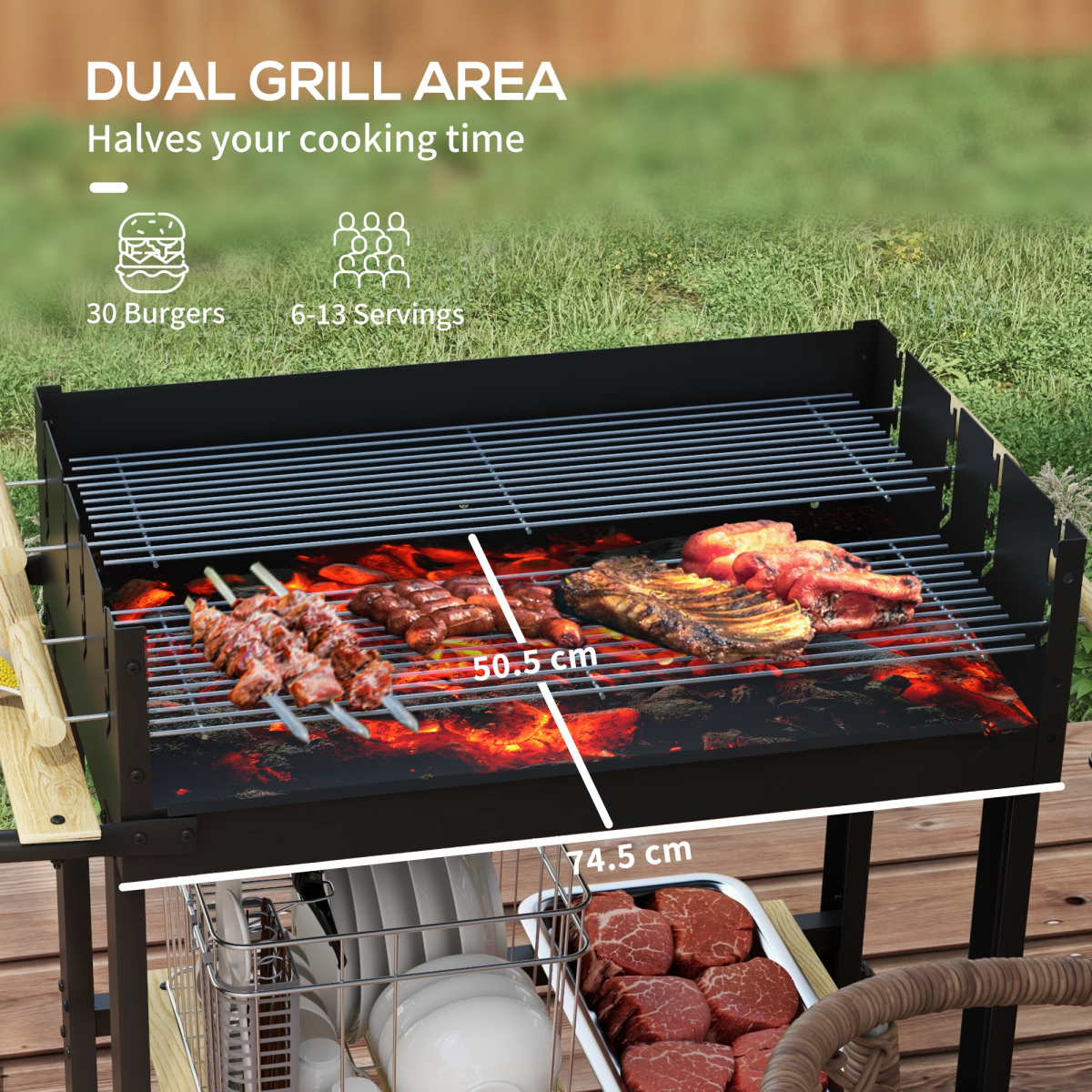 Outsunny Charcoal BBQ Grill with Side Table, Storage Shelf & Wheels