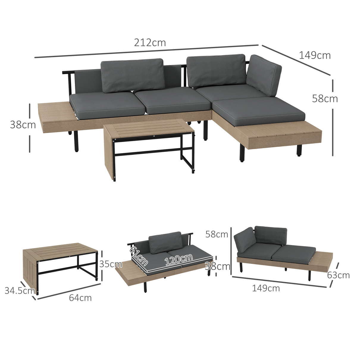 Outsunny 3-Piece HDPE Garden Sofa Set with Cushions, Grey