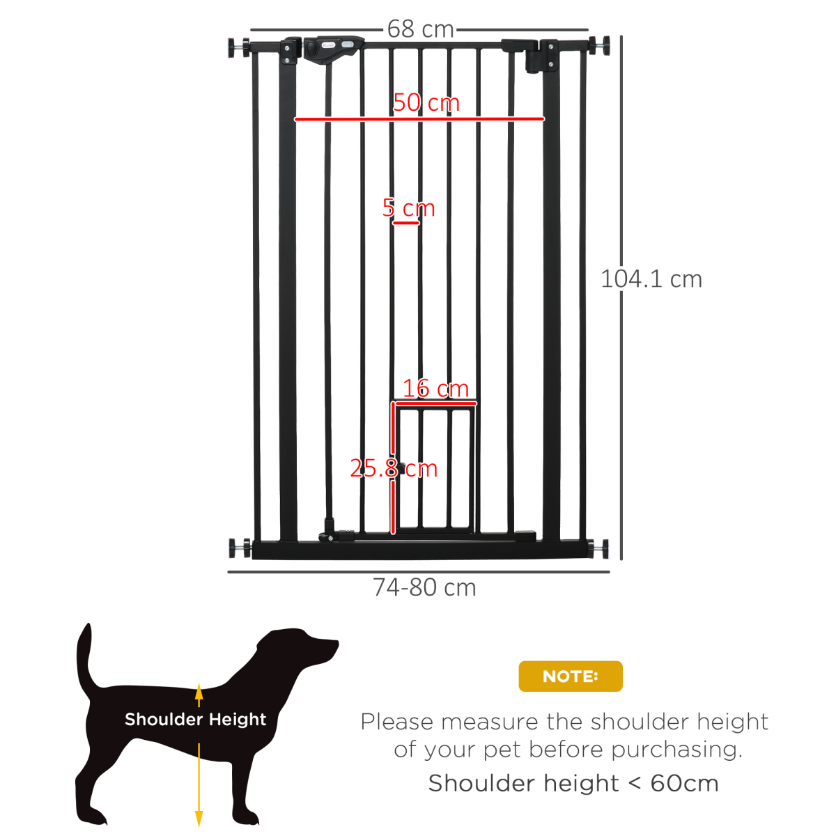 Extra Tall Automatic Closing Dog Gate with Cat Door, Steel Frame, 74-80 cm Wide, for Stairs, Doorways and Hallways, Pawhut