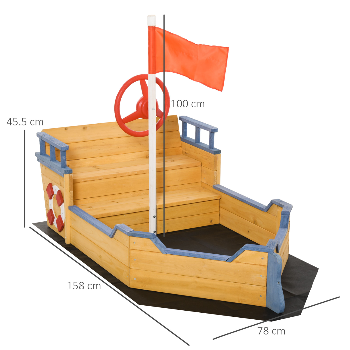 Outsunny Kids Wooden Pirate Ship Sandbox with Bench Seat and Storage Space, Fir Wood Play Boat, Ages 3-6