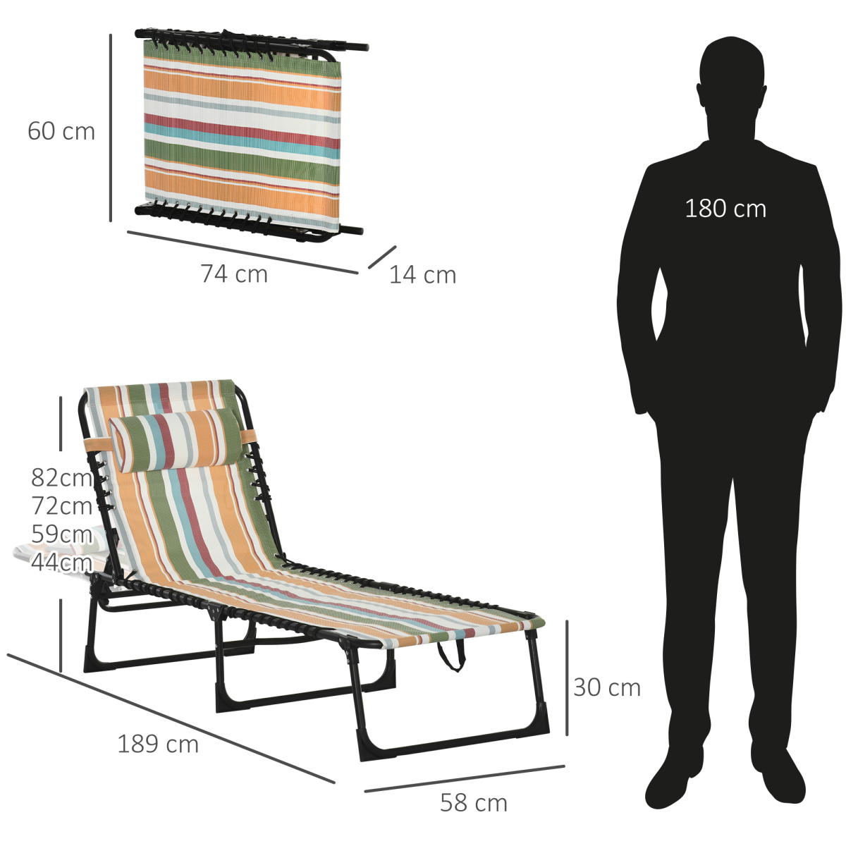 Outsunny Folding Beach Chair Chaise Lounge 4 Adjustable Positions, Multicolored
