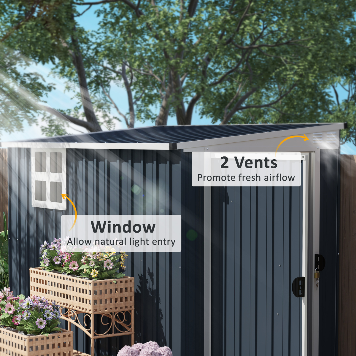Outsunny Dark Grey Galvanised Steel Garden Storage Shed with Window