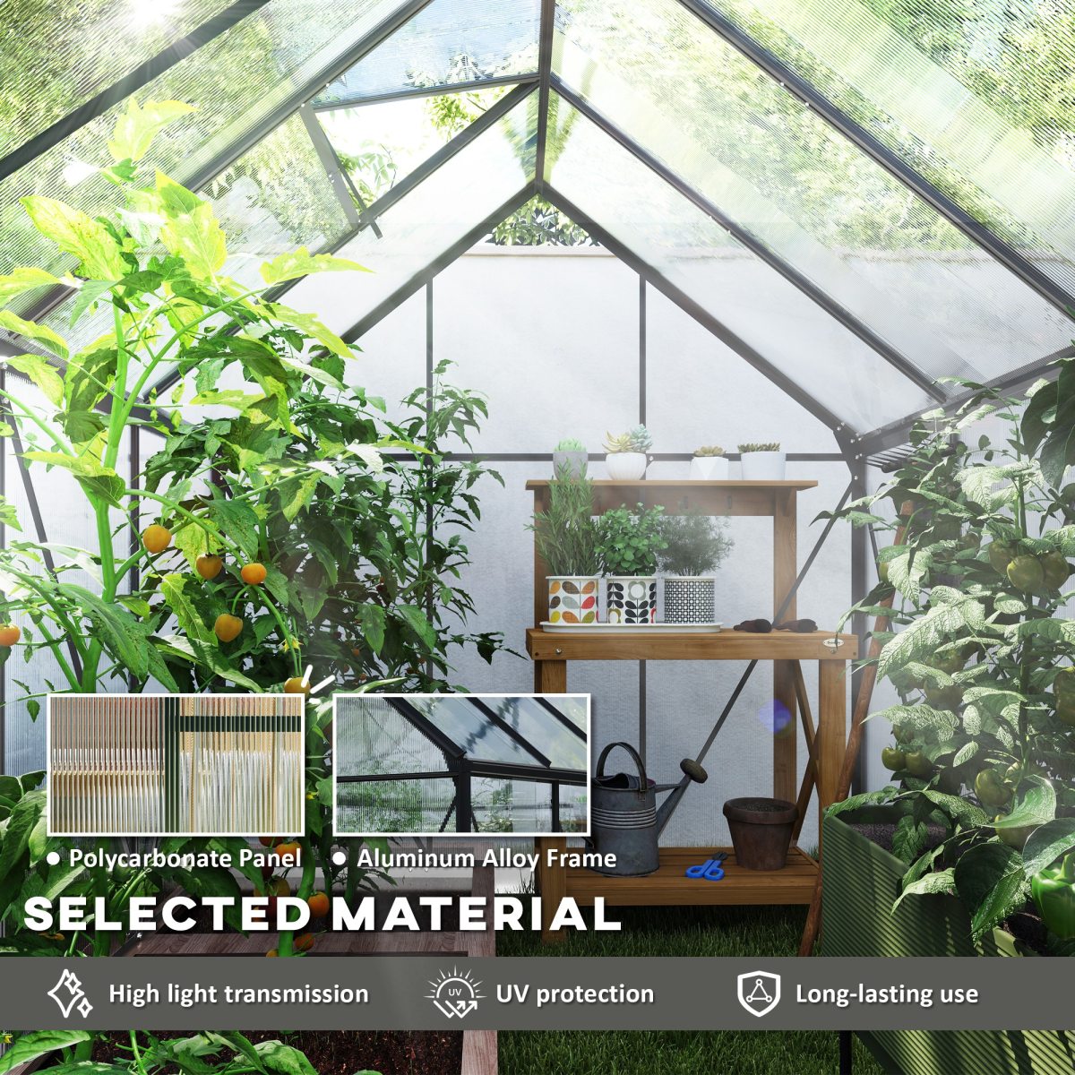 Outsunny Dark Grey Walk-In Polycarbonate Garden Greenhouse, Sliding Door