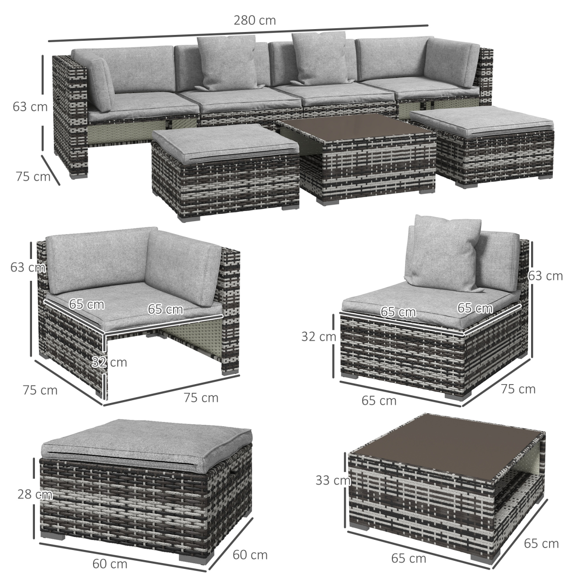 Outsunny 7-Piece PE Rattan Patio Furniture Set with 2 Armless Chairs, 2 Side Chairs, 2 Stools and Coffee Table, Mixed Grey