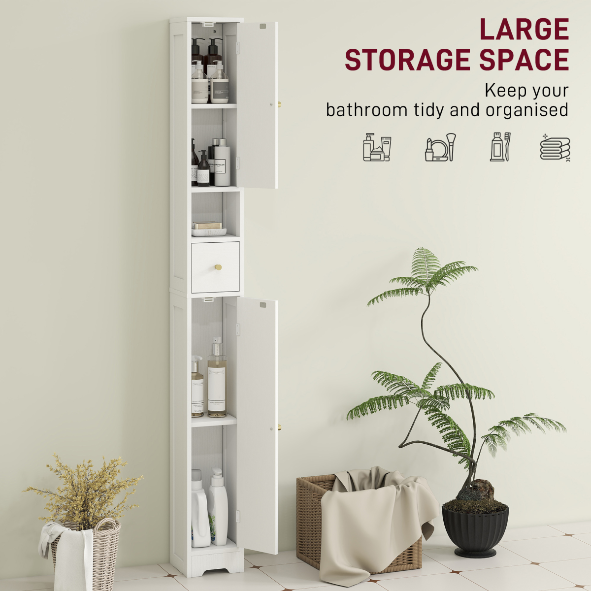 HOMCOM White Slim Bathroom Storage Cabinet with Adjustable Shelves